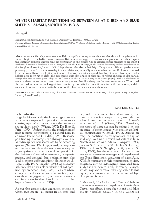 First page of “Winter Habitat partitioning between Asiatic Ibex and blue sheep in Ladakh, northern India”