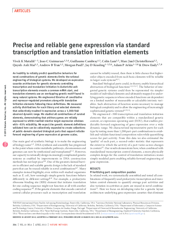 First page of “ Precise and reliable gene expression via standard transcription and translation initiation elements”