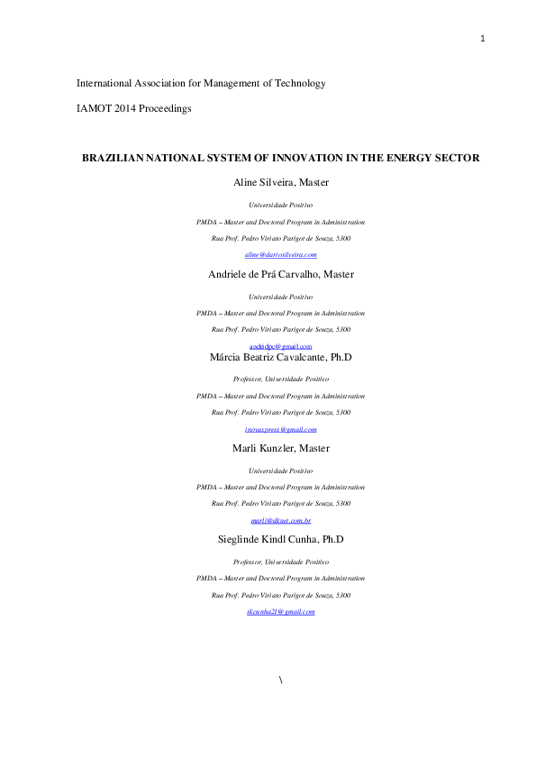 First page of “IAMOT 2014 Innovation Management - Energy Sector”