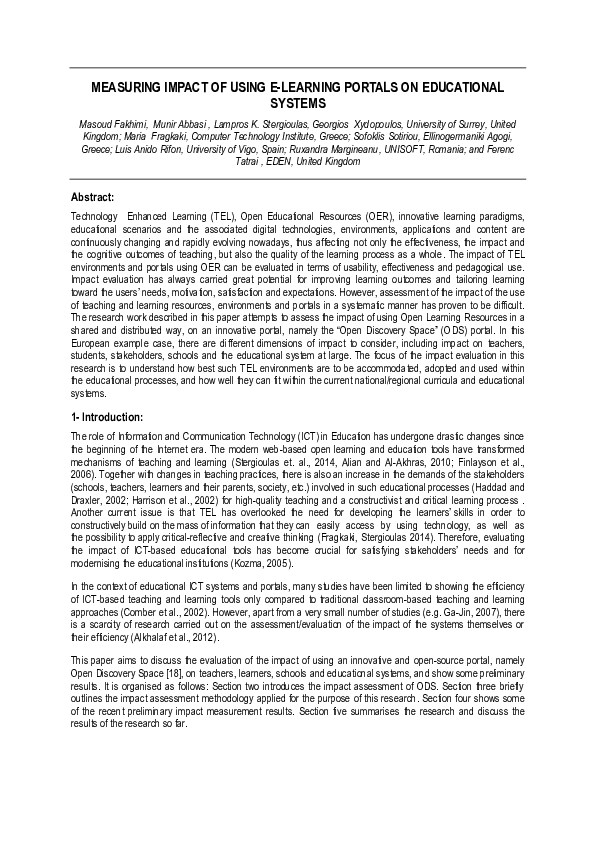 First page of “MEASURING IMPACT OF USING E-LEARNING PORTALS ON EDUCATIONAL SYSTEMS”