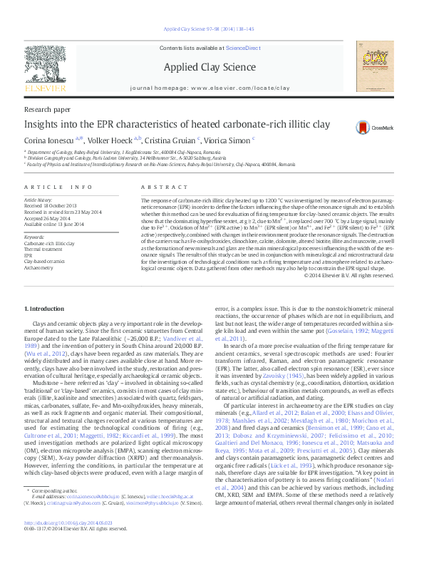 First page of “Ionescu C., Hoeck, V., Gruian C., Simon V. (2014): Insights into the EPR characteristics of heated carbonate-rich illitic clay. Applied Clay Science, 97-98: 138-145.”