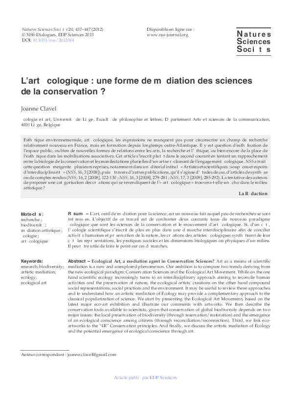 First page of “L’Art écologique outil de médiation de la Biologie de la conservation”