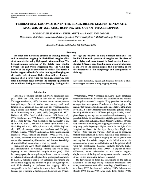 First page of “TERRESTRIAL LOCOMOTION IN THE BLACK-BILLED MAGPIE: KINEMATIC ANALYSIS OF WALKING, RUNNING AND OUT-OF-PHASE HOPPING”