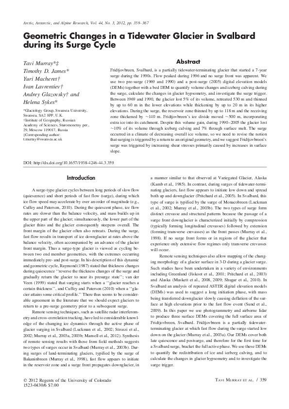 First page of “Geometric Changes in a Tidewater Glacier in Svalbard during its Surge Cycle”