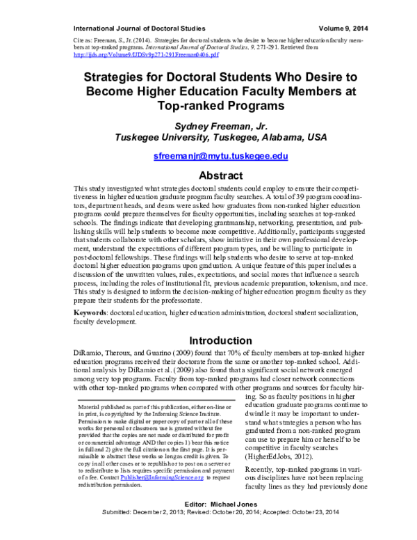 First page of “Strategies for Doctoral Students Who Desire to Become Higher Education Faculty Members at Top-ranked Programs”