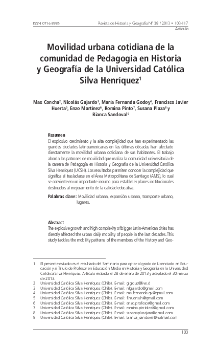 First page of “Movilidad urbana cotidiana de la comunidad de Pedagogía en Historia y Geografía de la Universidad Católica Silva Henríquez”