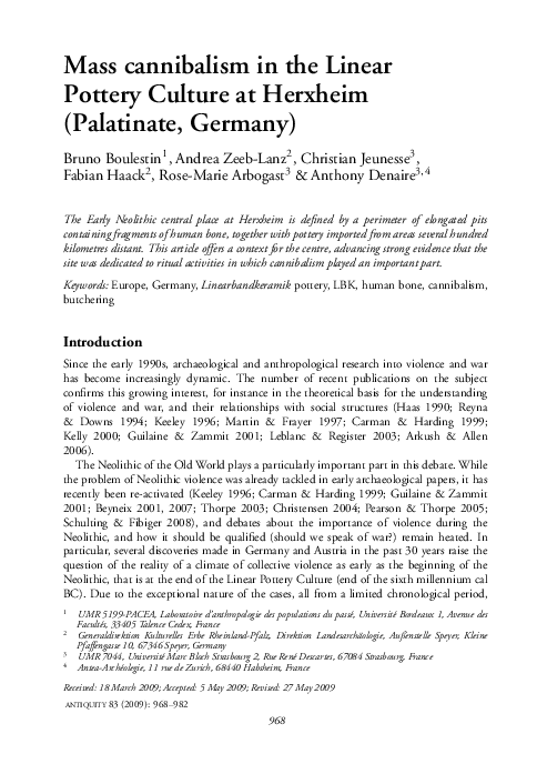 First page of “Boulestin B., Zeeb-Lanz A., Jeunesse C., Haack F., Arbogast R.-M., Denaire A. (2009) – Mass cannibalism in the Linear Pottery Culture at Herxheim (Palatinate, Germany). Antiquity, vol. 83, p. 968-982”