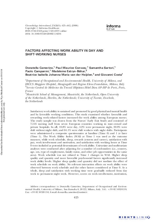 First page of “Shiftwork, work-family conflict among italian nurses, and prevention efficacy”