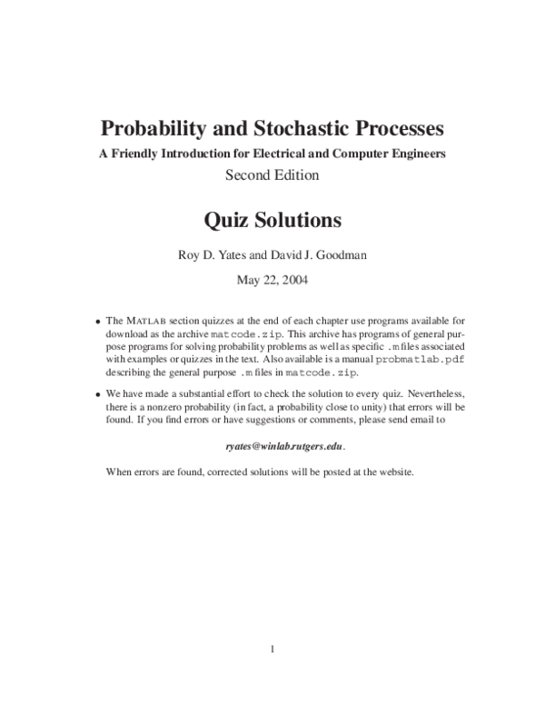 First page of “Probability and Stochastic Processes A Friendly Introduction for Electrical and Computer Engineers Quiz Solutions”