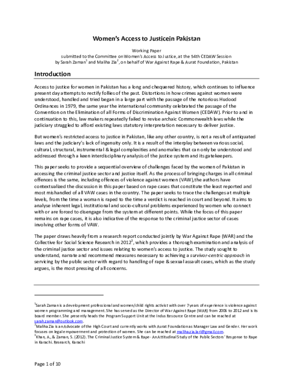 First page of “Pakistan Working Paper for CEDAW Committee - General Discussion on Access to Justice”