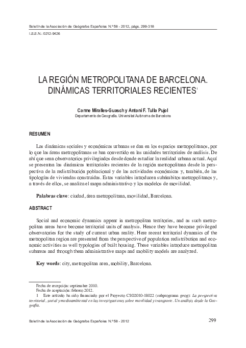 First page of “LA REGIÓN METROPOLITANA DE BARCELONA. DINÁMICAS TERRITORIALES RECIENTES”