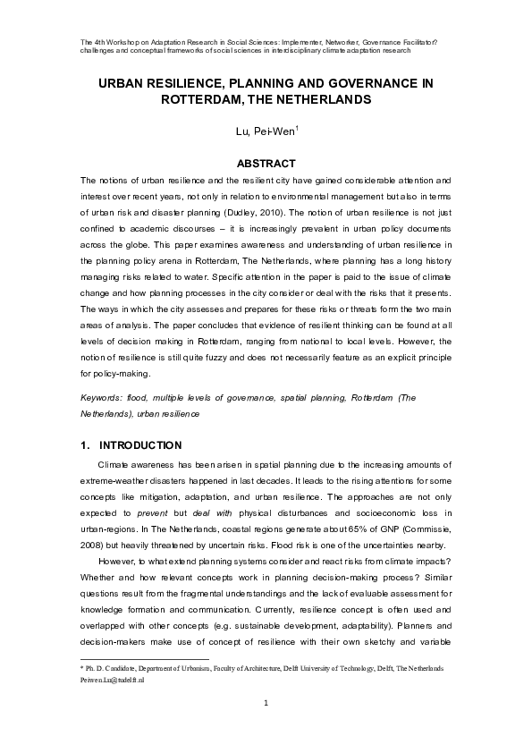 First page of “Urban resilience, planning and governance in Rotterdam, the Netherlands”