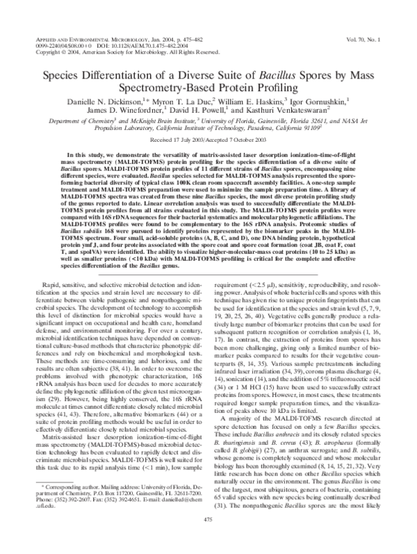 First page of “Species Differentiation of a Diverse Suite of Bacillus Spores by Mass Spectrometry-Based Protein Profiling”