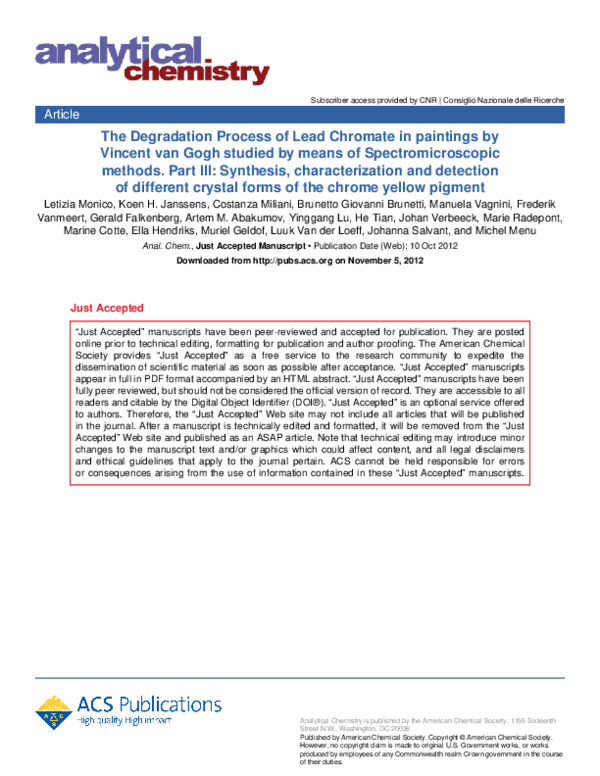 First page of “Degradation process of lead chromate in paintings by Vincent van Gogh studied by means of spectromicroscopic methods. 3. Synthesis, characterization, and detection of different crystal forms of the chrome yellow pigment”