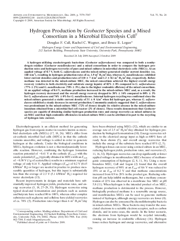 First page of “Hydrogen Production by Geobacter Species and a Mixed Consortium in a Microbial Electrolysis Cell”