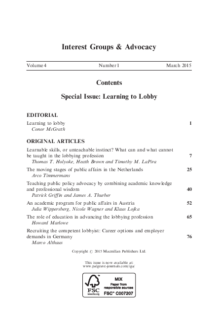 First page of “Recruiting the competent lobbyist: Career options and employer demands in Germany”