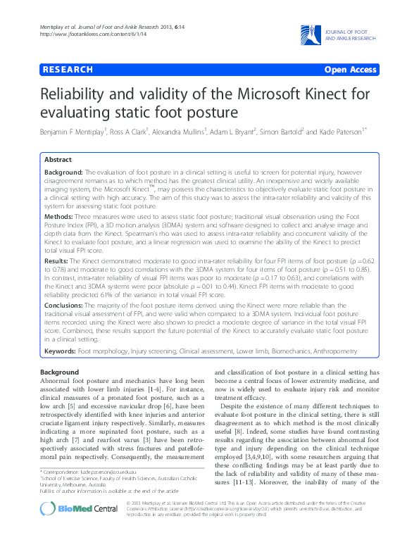 First page of “RESEARCH JOURNAL OF FOOT AND ANKLE RESEARCH Open Access Reliability and validity of the Microsoft Kinect for evaluating static foot posture”