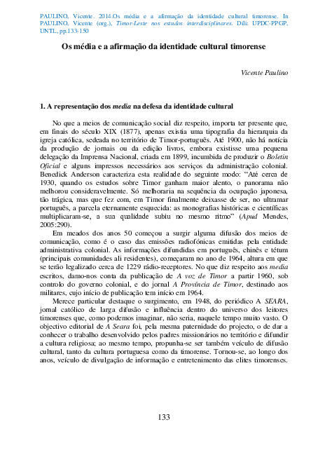 First page of “Os média e a afirmação da identidade cultural timorense”