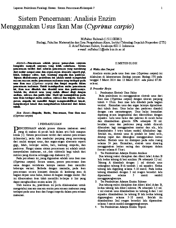 First page of “Sistem Pencernaan: Analisis Enzim Menggunakan Usus Ikan Mas (Cyprinus carpio)”