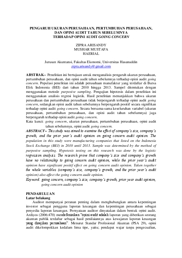 First page of “pengaruh ukuran perusahaan, pertumbuhan perusahaan, dan opini audit tahun sebelumnya terhadap opini audit going concern”