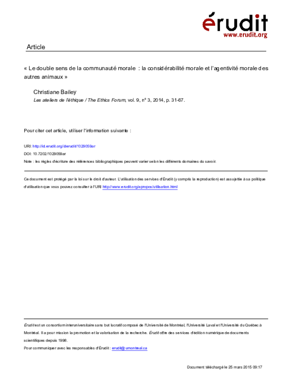 First page of “Le double sens de la communauté morale : la considérabilité morale et l’agentivité morale des autres animaux”