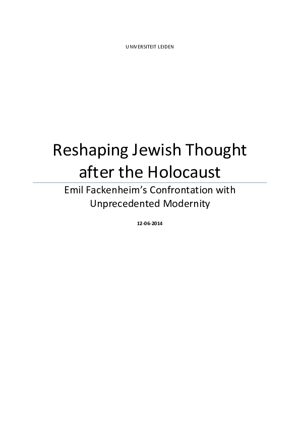 First page of “Reshaping Jewish Thought after the Holocaust. Emil Fackenheim's Confrontation with Unprecedented Modernity (2014)”