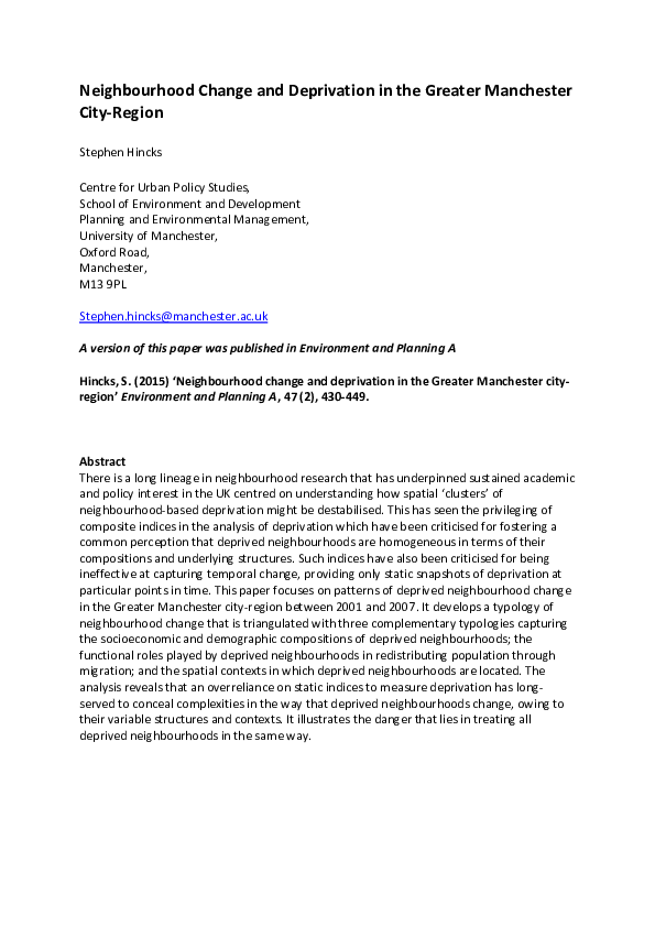 First page of “Neighbourhood Change and Deprivation in the Greater Manchester City-region”