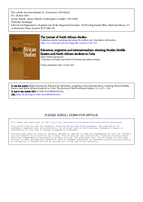 First page of “ Education, migration and internationalism: situating Muslim Middle Eastern and North African students in Cuba”