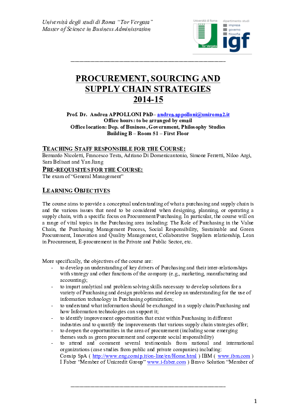 First page of “Procurement, Sourcing and Supply Chain Management - Prof. Appolloni”