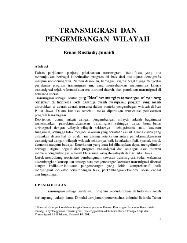 First page of “Transmigrasi dan Pengembangan Wilayah”