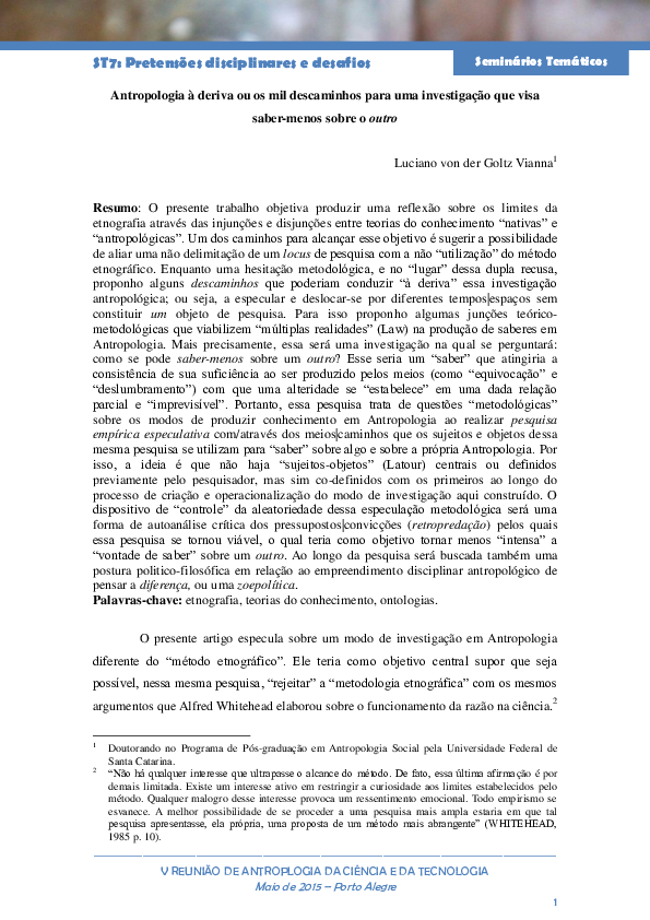 First page of “Antropologia à deriva ou os mil descaminhos para uma investigação que visa saber-menos sobre o outro”