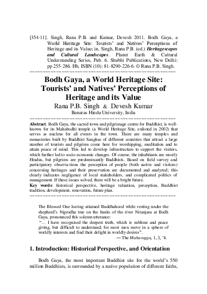 First page of “[354-11]. Singh, Rana P.B. and Kumar, Devesh 2011. Bodh Gaya, a World Heritage Site: Tourists’ and Natives’ Perceptions of Heritage and its Value; in, Singh, Rana P.B. (ed.) Heritagescapes and Cultural Landscapes. ”