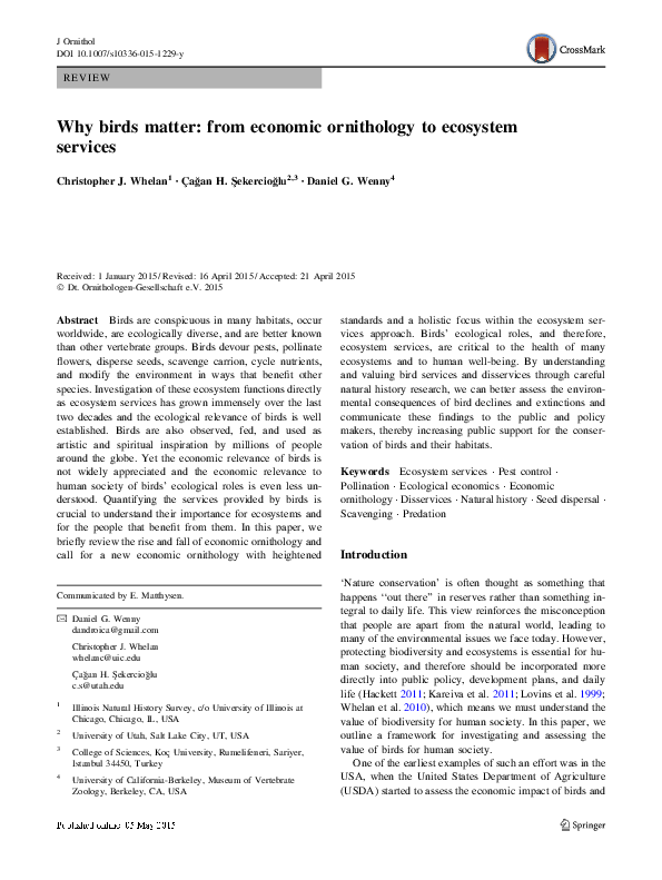 First page of “Why birds matter: from economic ornithology to ecosystem services”