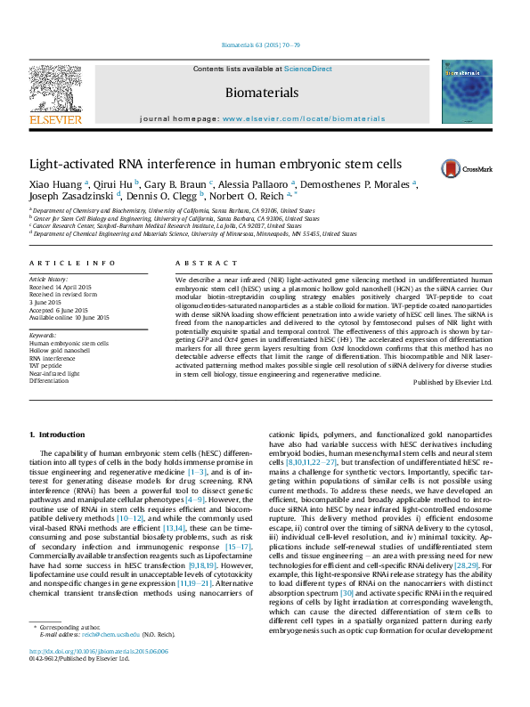 First page of “Light-activated RNA interference in human embryonic stem cells”