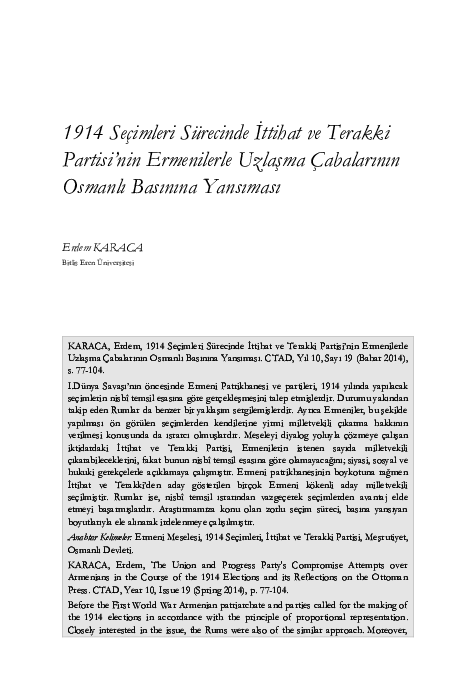 First page of “1914 Seçimleri Sürecinde İttihat ve Terakki Partisi'nin Ermenilerle Uzlaşma Çabalarının Osmanlı Basınına Yansıması/The Union and Progress Party's Compromise Attempts over Armenians in the Course of the 1914 Elections and its Reflections on the Ottoman Press.”