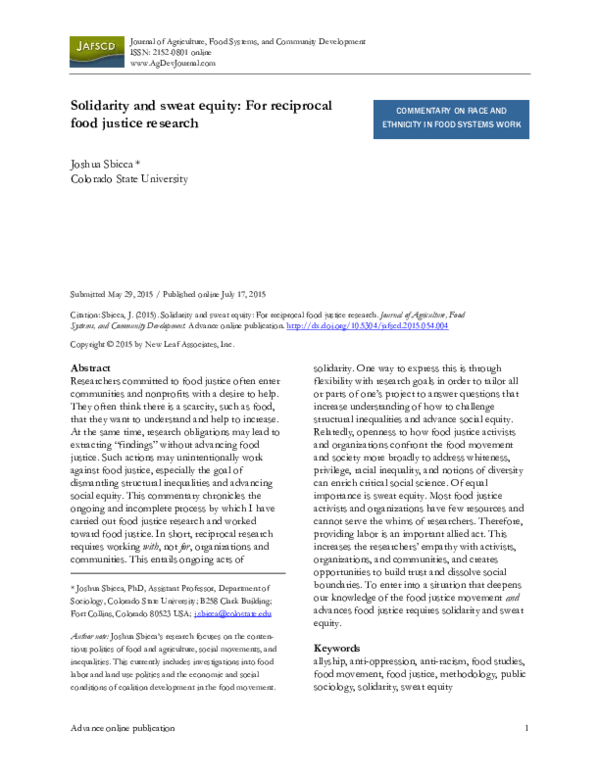 First page of “Solidarity and Sweat Equity: For Reciprocal Food Justice Research”