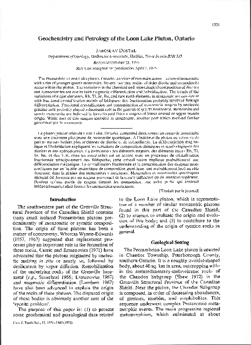 First page of “Geochemistry and petrology of the Loon Lake pluton, Ontario”