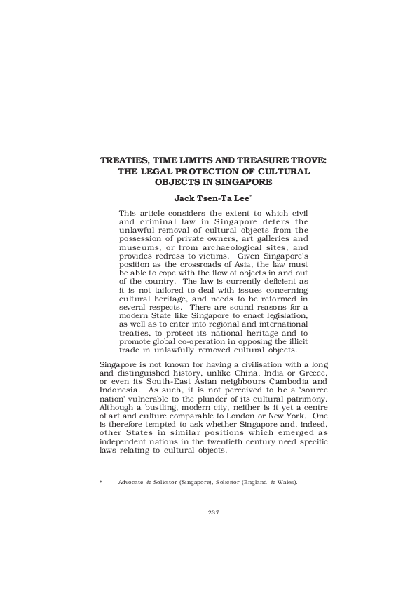 First page of “Treaties, Time Limits and Treasure Trove: The Legal Protection of Cultural Objects in Singapore”