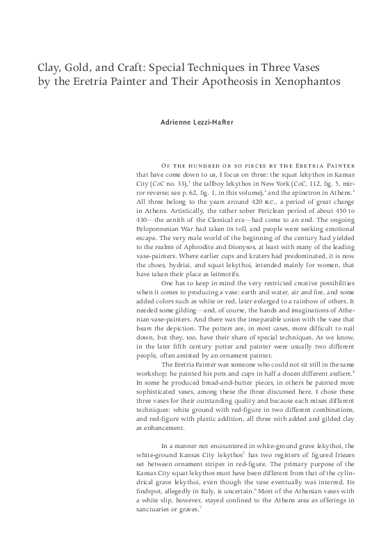 First page of “„Clay, Gold, and Craft: Special Techniques in Three Vases by the Eretria Painter and Their Apotheosis in Xenophantos”, K. Lapatin (ed), Papers on Special Techniques in Athenian Vases. Proceedings of a symposium held  at the Getty Villa, June 15-17, 2006 (Los Angeles 2008) 173-186”