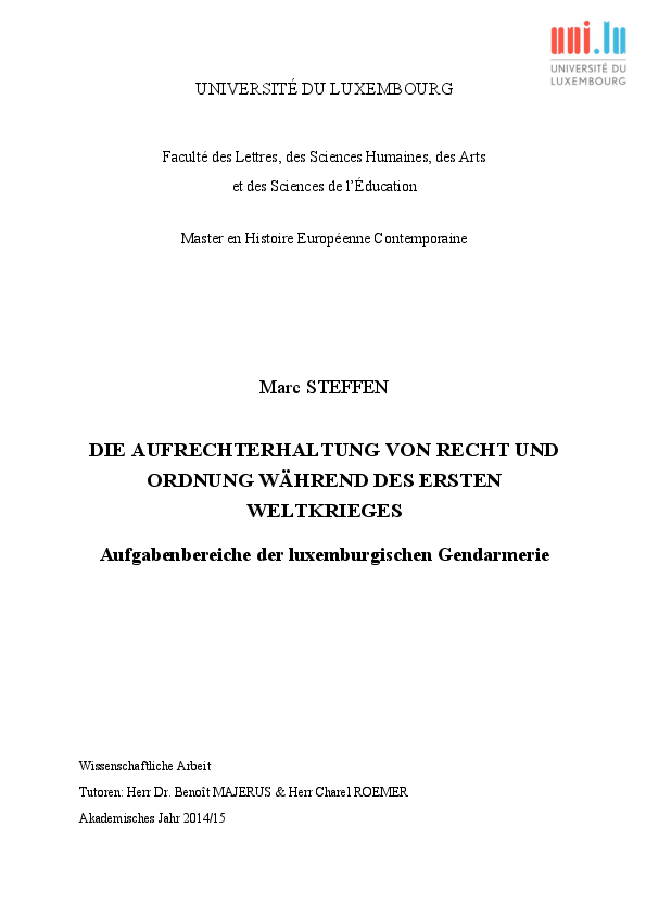 First page of “Die Aufrechterhaltung von Recht und Ordnung während des Ersten Weltkrieges. Aufgabenbereiche der luxemburgischen Gendarmerie.”