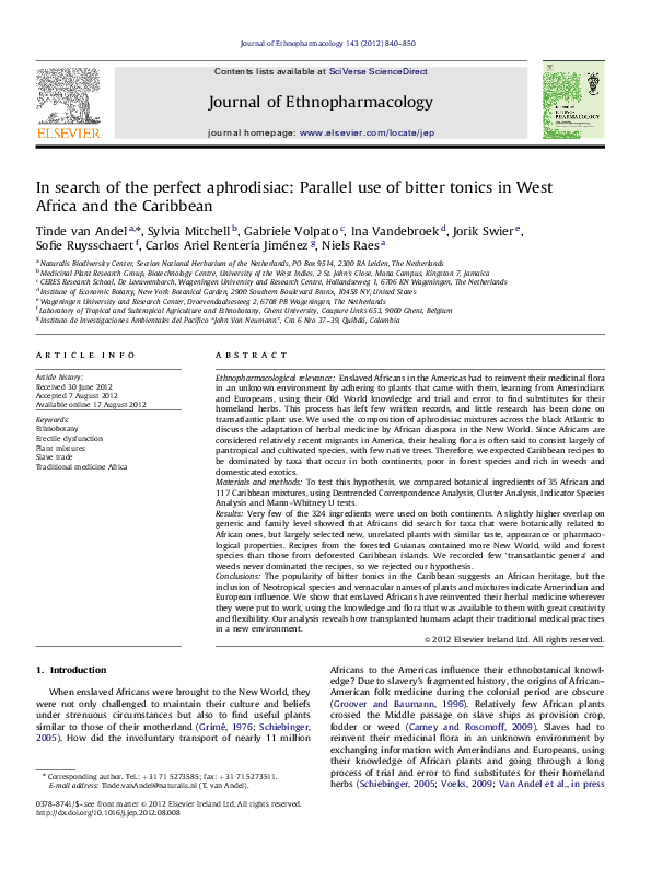 First page of “In search of the perfect aphrodisiac: Parallel use of bitter tonics in West Africa and the Caribbean”