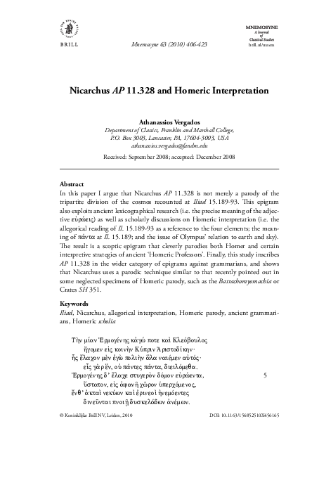 First page of “Nicarchus A.P. xi 328 and Homeric Interpretation”