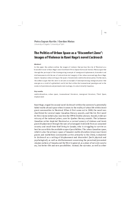 First page of “The Politics of Urban Space as a “Discomfort Zone”: Images of Violence in Rawi Hage’s Novel Cockroach”