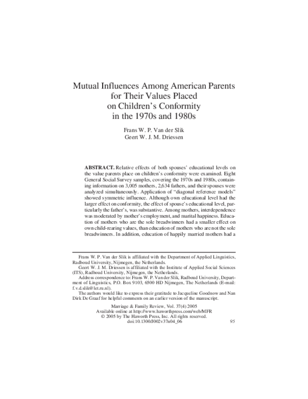 First page of “Mutual influences among american parents for their values placed on children's conformity in the 1970s and 1980s”