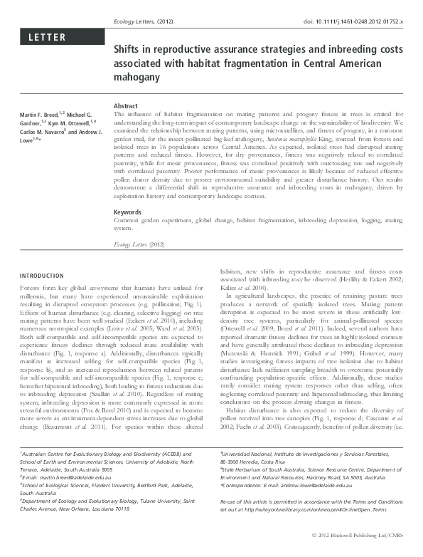 First page of “Shifts in reproductive assurance strategies and inbreeding costs associated with habitat fragmentation in Central American mahogany”