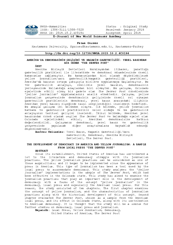 First page of “AMERİKA’DA DEMOKRASİNİN GELİŞİMİ VE MAGAZİN GAZETECİLİĞİ: YEREL BASINDAN BİR ÖRNEK “THE DENVER POST”-THE DEVELOPMENT OF DEMOCRACY IN AMERICA AND YELLOW JOURNALISM: A SAMPLE FROM LOCAL PRESS “THE DENVER POST””