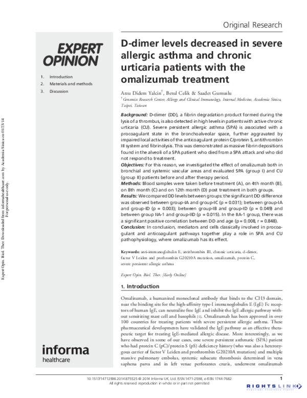 First page of “Evaluation of D-Dimer, CXCL8, Homocysteine, Eosinophil Cationic Peptide, 25(OH)-Vitamin D and immune modulator OX-2 Levels in Allergic Patients”