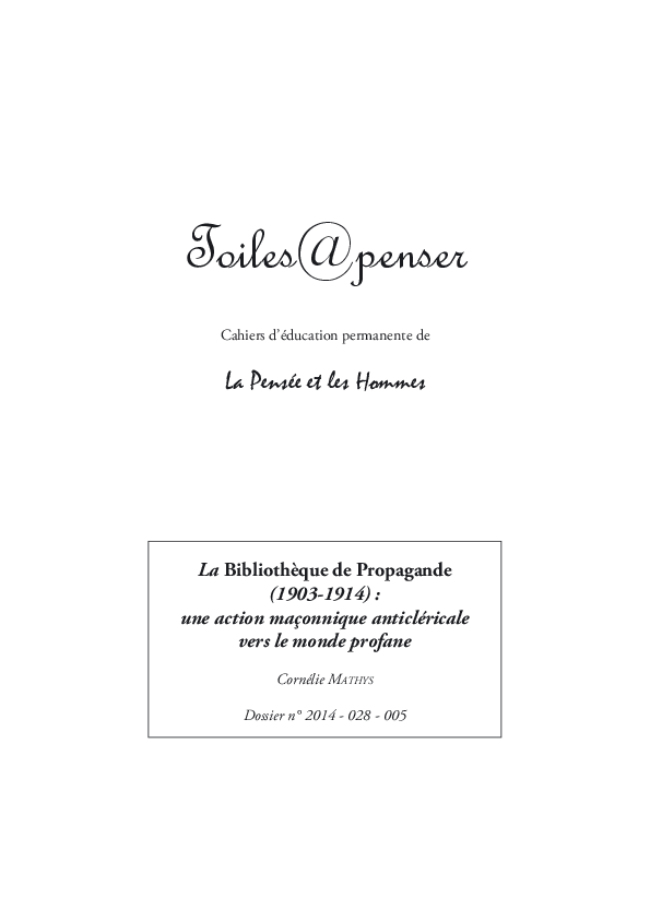 First page of “La "Bibliothèque de Propagande" (1903-1914) : une action maçonnique anticléricale vers le monde profane”