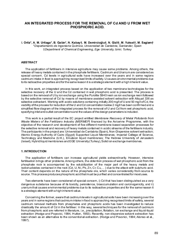 First page of “An Integrated Process for the Removal of Cd and U from Wet Phosphoric Acid”