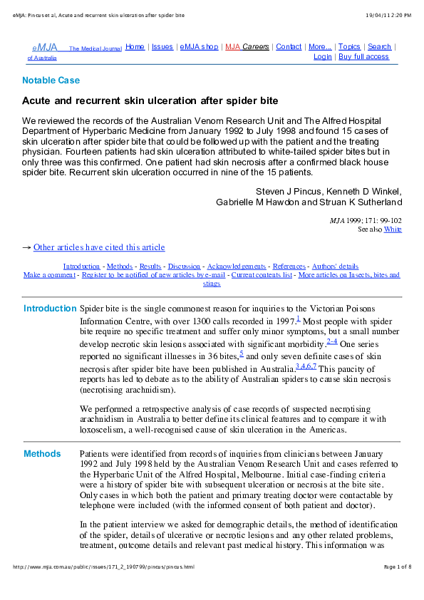 First page of “Acute and recurrent skin ulceration after spider bite”